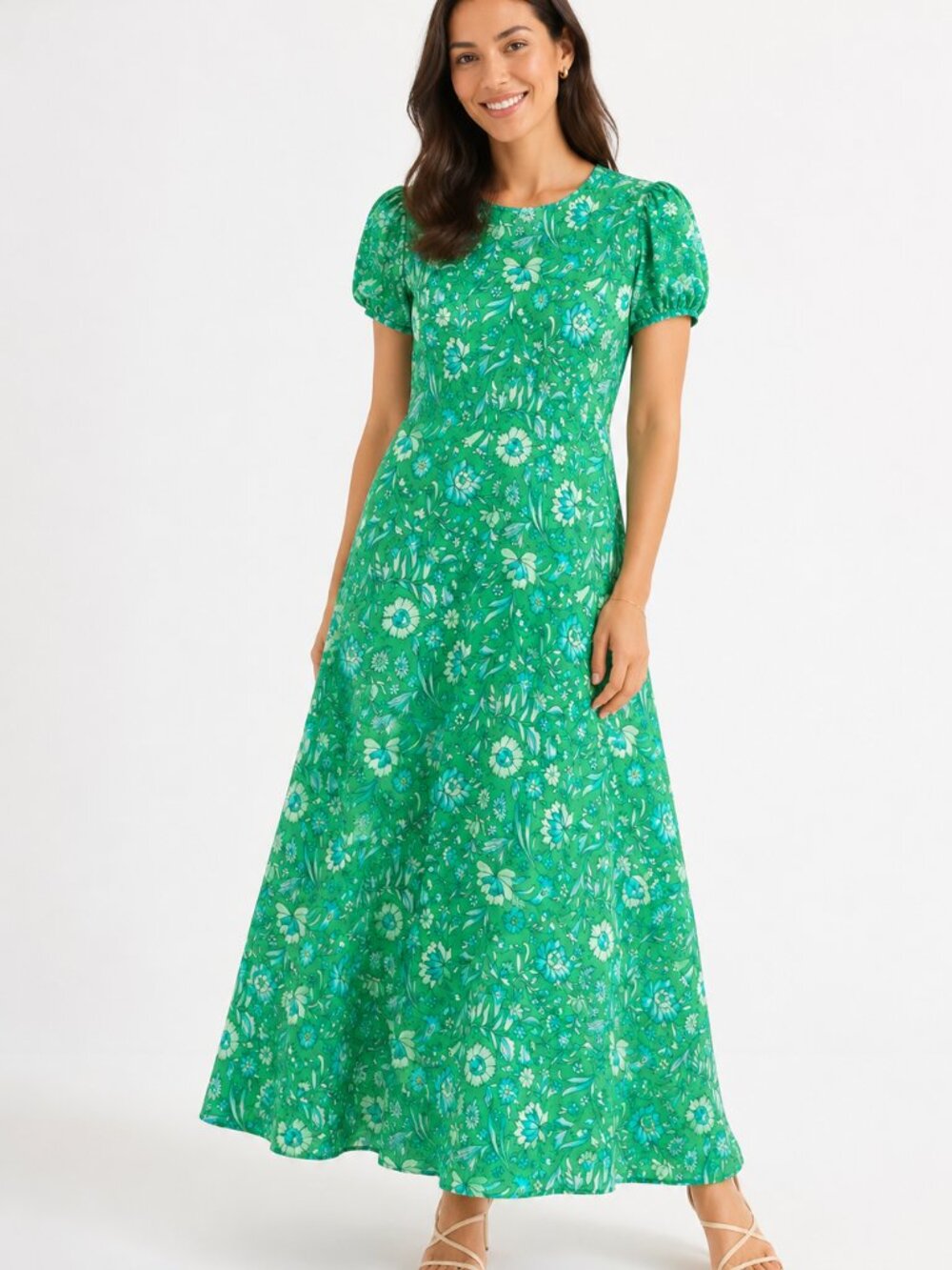 Green Floral Puff-Sleeve Maxi Dress